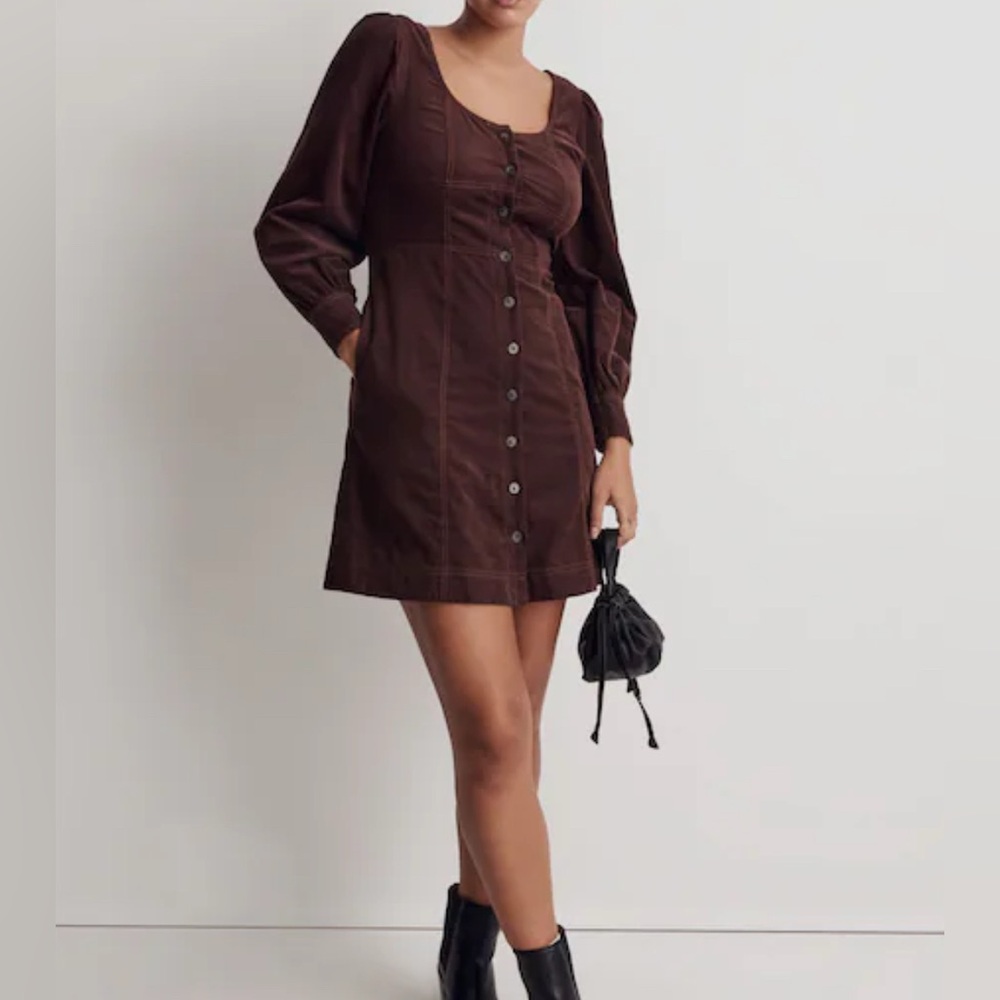 2/$28 Madewell Corduroy Seamed Long Sleeve Mini‎ Dress In Chocolate Raisin Small